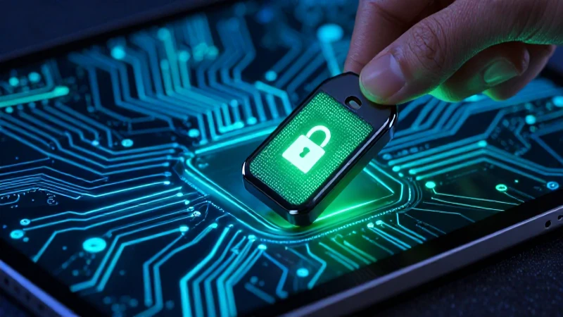Token de seguridad brillante sobre tablet futurista