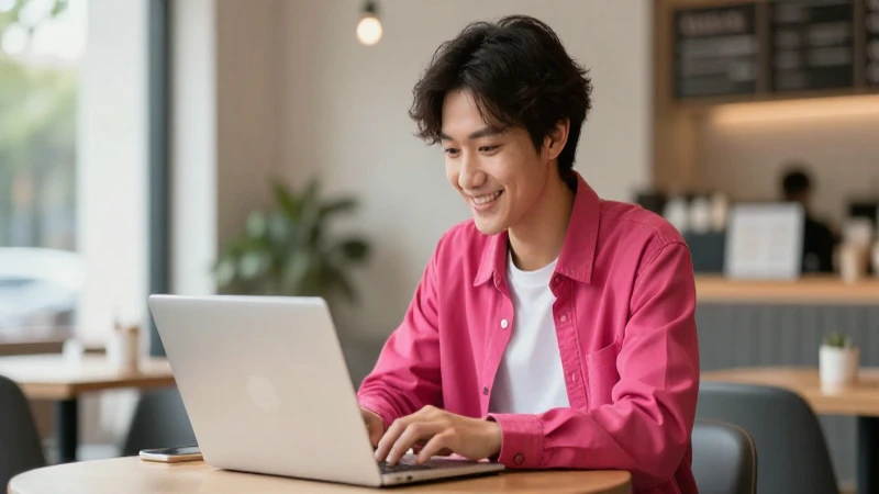 Joven sonriendo trabaja en laptop en café moderno