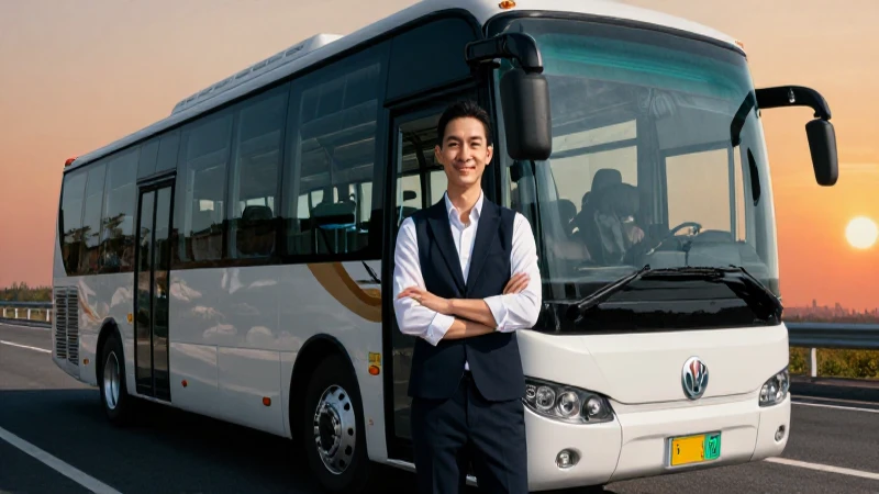 Profesional moderno junto a un bus vibrante