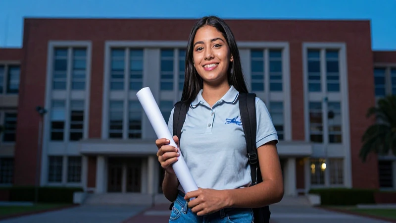 Estudiante mexicana con diploma en campus moderno