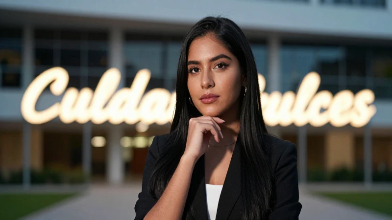 Joven mexicana elegante contempla campus universitario simbólico