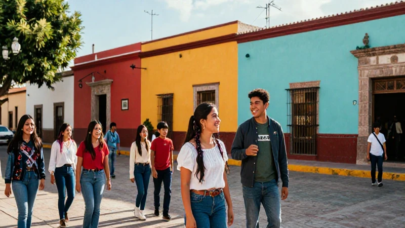 Jóvenes felices en un vibrante pueblo mexicano