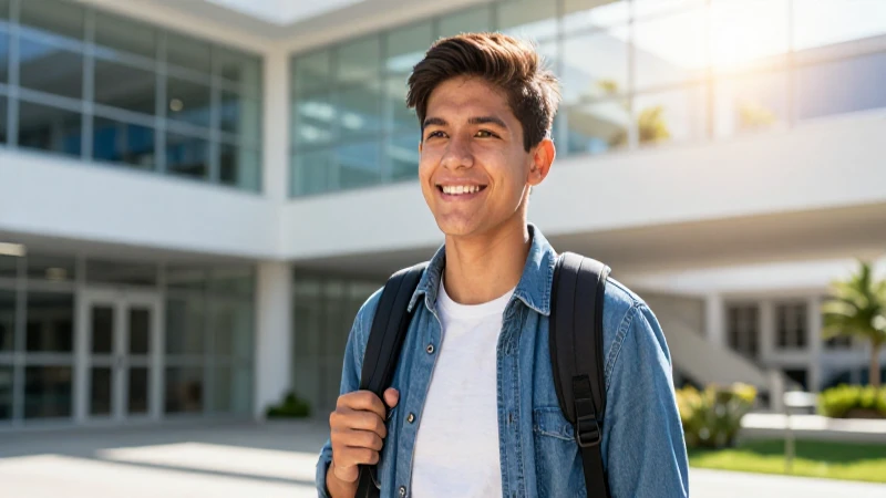 Joven mexicano en campus moderno e iluminado