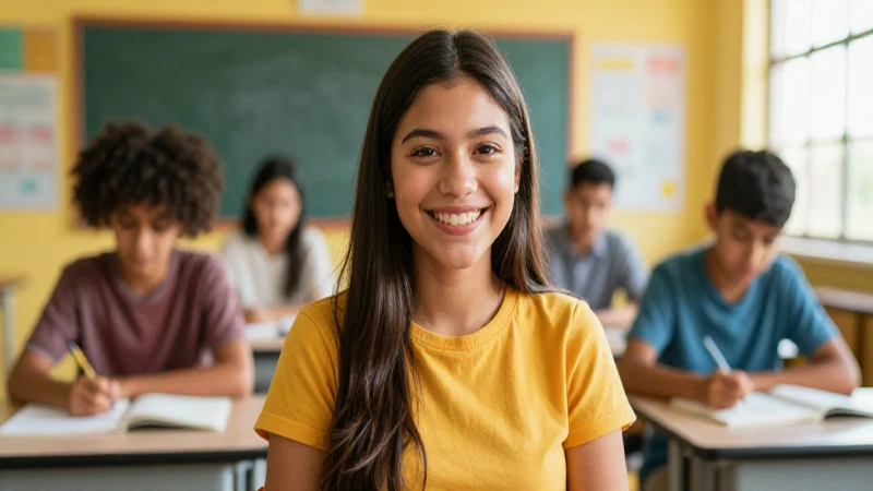 Estudiante mexicano sonríe en aula moderna con luz dorada