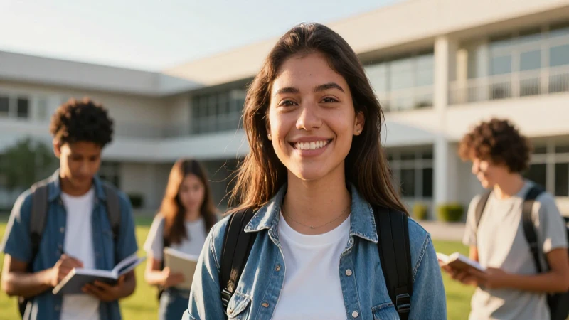 Estudiante mexicana sonriente en moderno campus