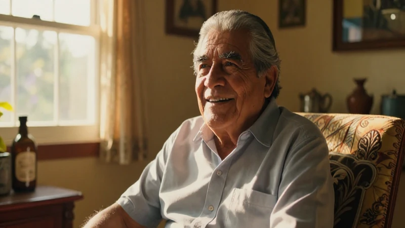 Anciano mexicano sonríe en acogedor salón soleado