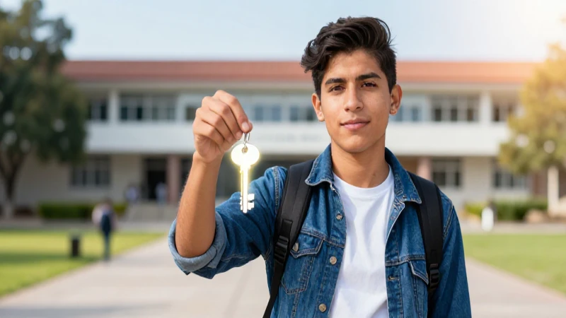 Estudiante mexicano con llave en campus vibrante