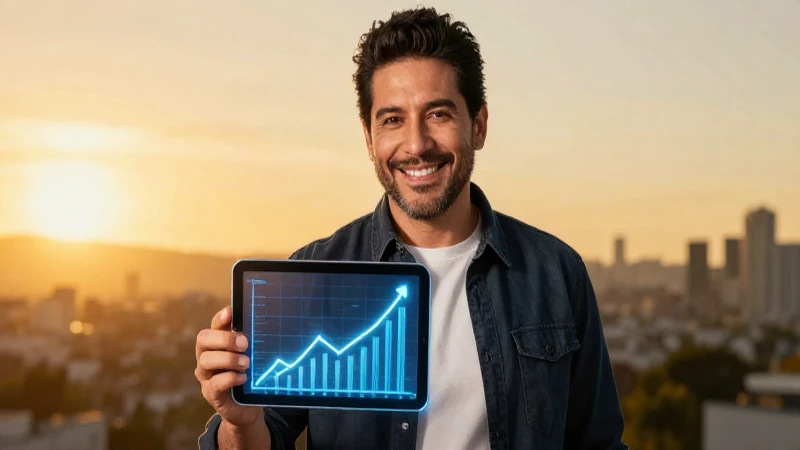 Mexicano sonriente con gráfica de crecimiento digital