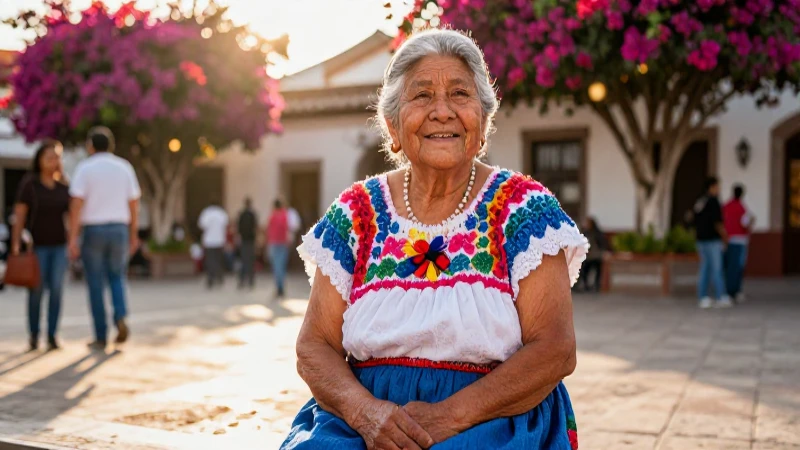Mujer mexicana feliz con traje vibrante en plaza soleada