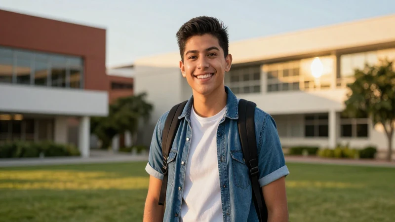 Estudiante mexicano sonriente en campus moderno