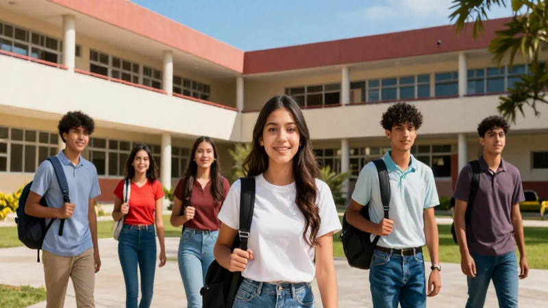 Estudiantes mexicanos en campus moderno y brillante