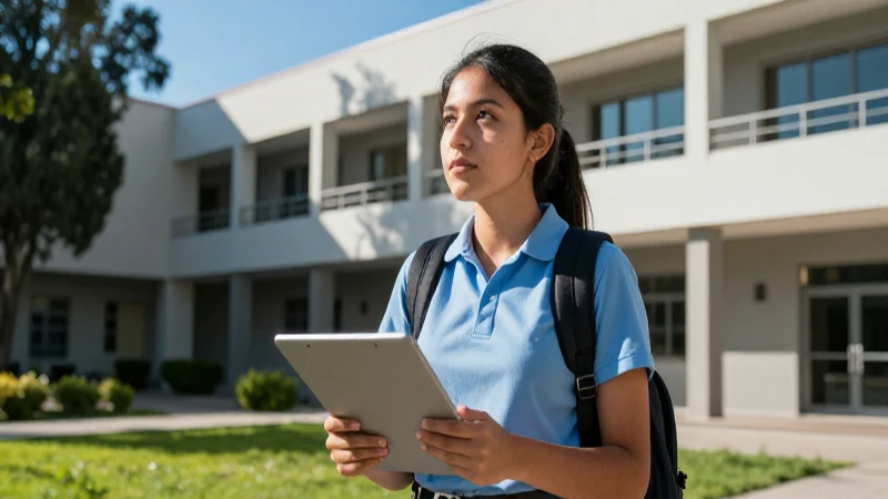 Estudiante mexicano decidido en campus moderno