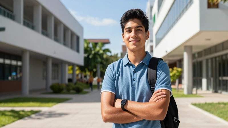 Joven mexicano en campus soleado, estilo blog