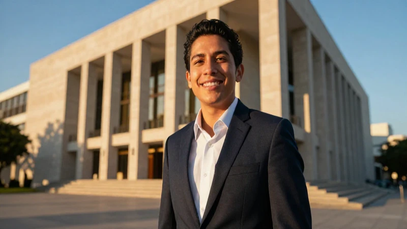 Profesional mexicano sonríe ante arquitectura moderna