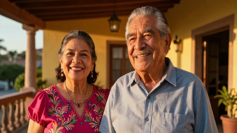 Feliz pareja mexicana en cálida terraza