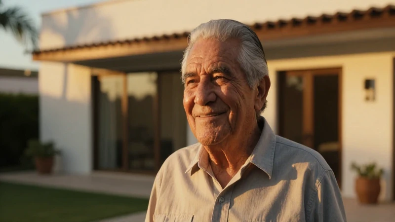 Hombre anciano sonriente bajo luz dorada