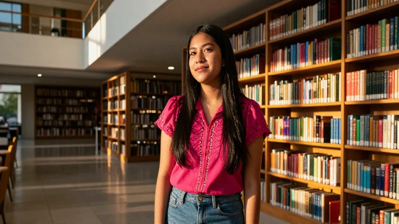 Estudiante mexicano en biblioteca con estilo cinematográfico