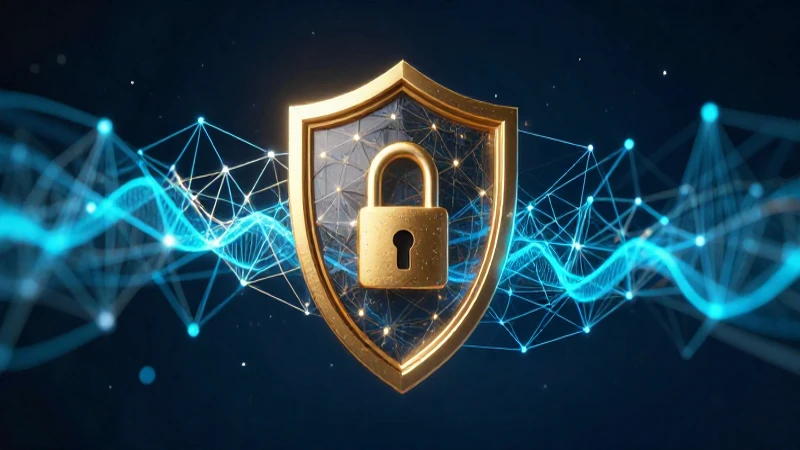 Escudo de seguridad digital en tonos azules y dorados