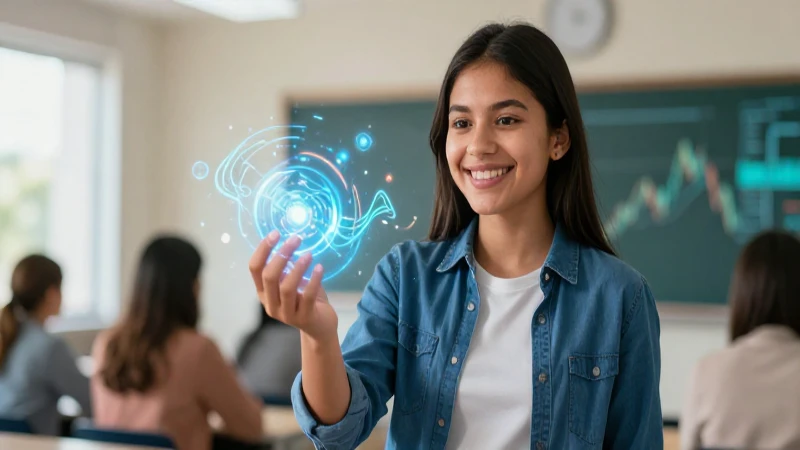 Estudiante mexicano con datos financieros brillantes en un aula moderna