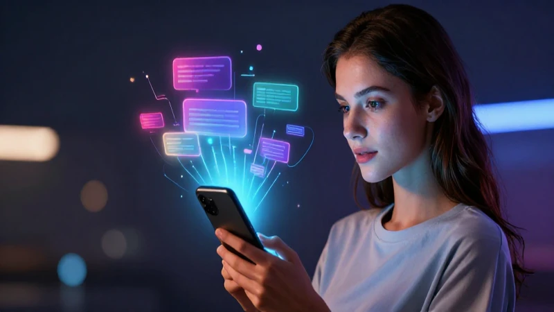 Mujer joven sosteniendo un teléfono brillante con efectos digitales