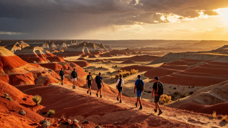 Paisaje árido y aventureros turistas en la luz dorada