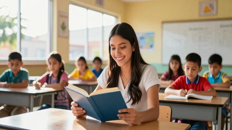 Joven mexicana sonríe con niños en aula brillante
