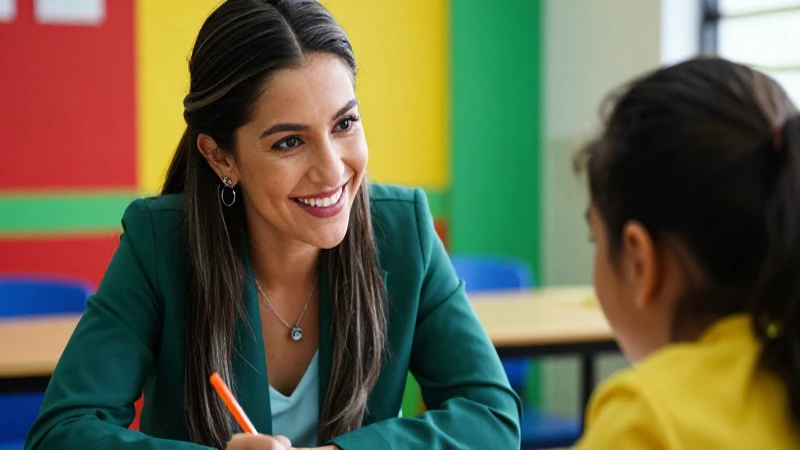 Tutor sonríen a niño en aula mexicana vibrante