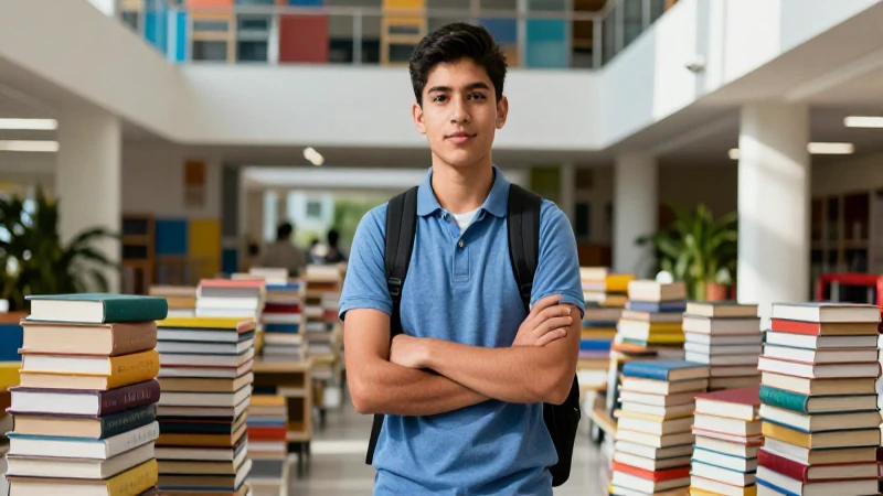 Estudiante mexicano sonríe en moderno atrio soleado rodeado de libros