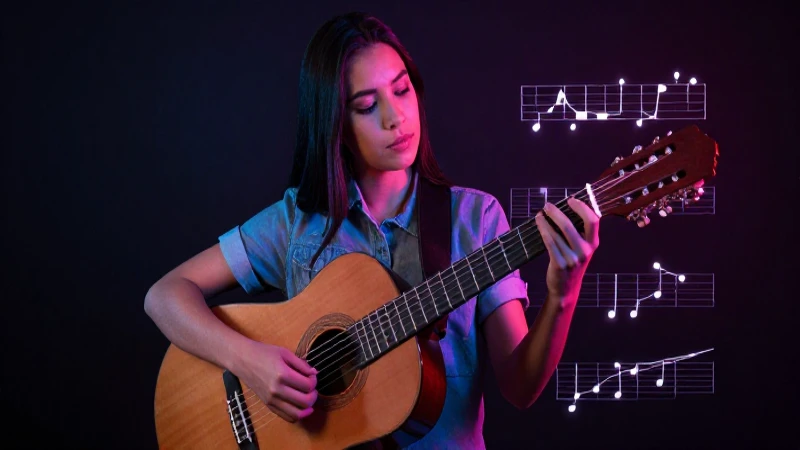 Estudiante mexicano con guitarra, estilo cinematográfico intenso