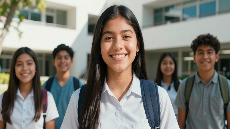 Estudiante mexicano sonriendo en campus moderno