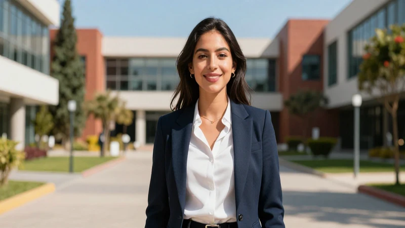 Joven mexicana profesional en campus moderno y vibrante