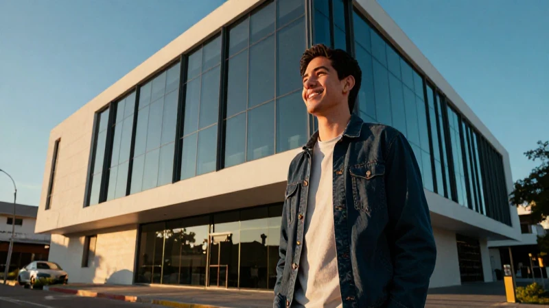 Joven mexicano y arquitectura frente a Banco Azteca en Los Mochis