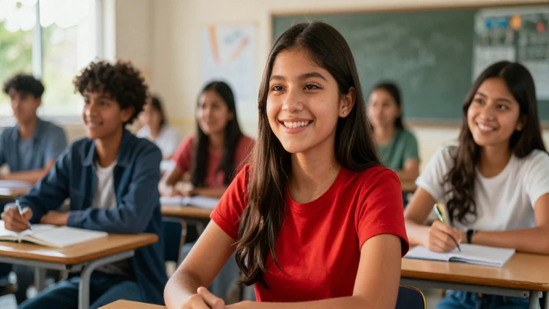 Estudiante mexicano alegre en aula moderna