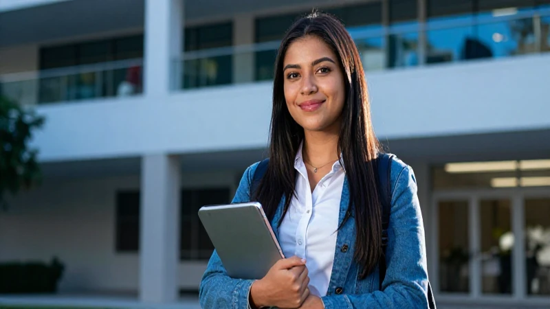 Foto profesional de joven mexicana en campus