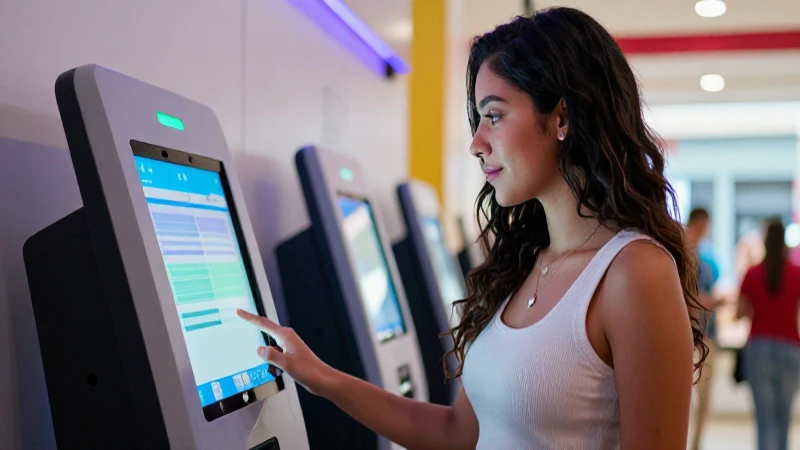 Joven interactúa con kiosco de pago moderno