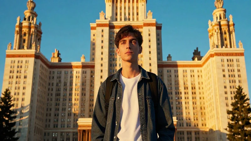 Estudiante ambicioso ante arquitectura grandiosa
