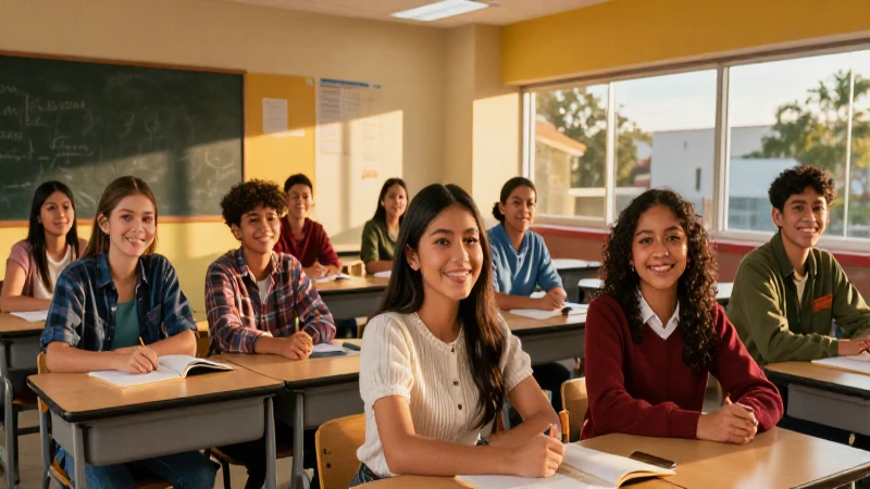 Estudiantes mexicanos sonríen en un aula moderna y vibrante
