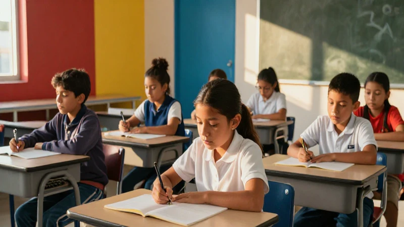 Niños mexicanos en aula moderna con luz dorada