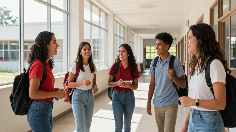 Mexicanos riendo en colegio moderno