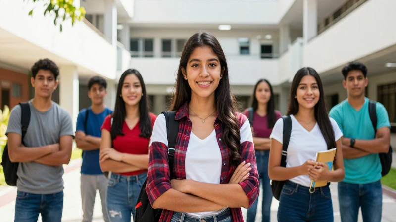 Estudiantes mexicanos ambiciosos en campus moderno
