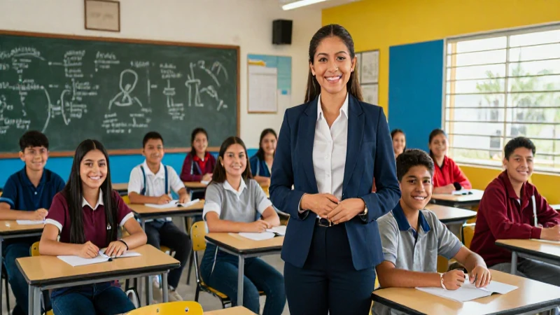 Alumnos felices en aula moderna y vibrante