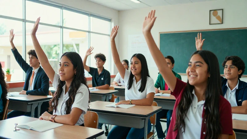 Estudiantes mexicanos celebrando éxito en un aula moderna