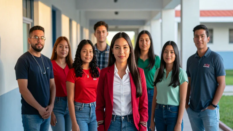 Educadores y estudiantes colaborando en un pasillo moderno