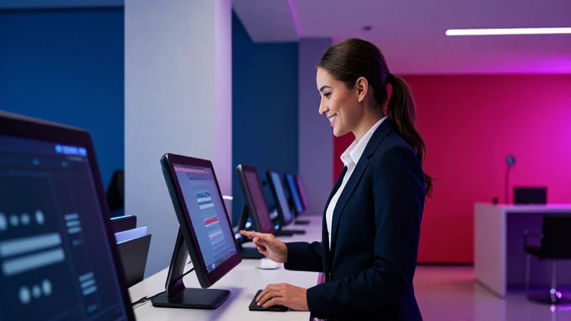 Profesional sonríe usando servicios digitales bancarios