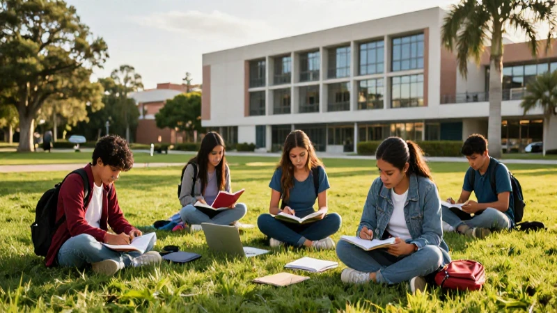 Estudiantes mexicanos estudian en campus universitario moderno al atardecer