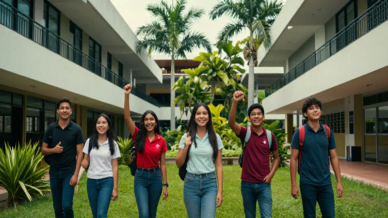 Estudiantes celebrando éxitos en campus tropical