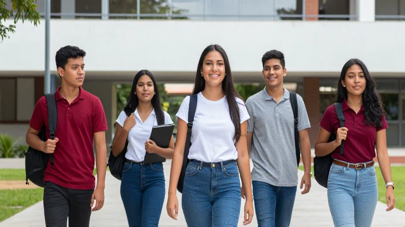 Jóvenes universitarios mexicanos caminan por un campus moderno