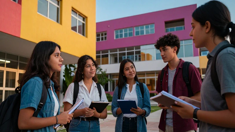 Estudiantes mexicanos colaborando en campus moderno