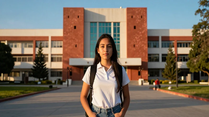 Estudiante mexicano en campus, luz dorada vibrante