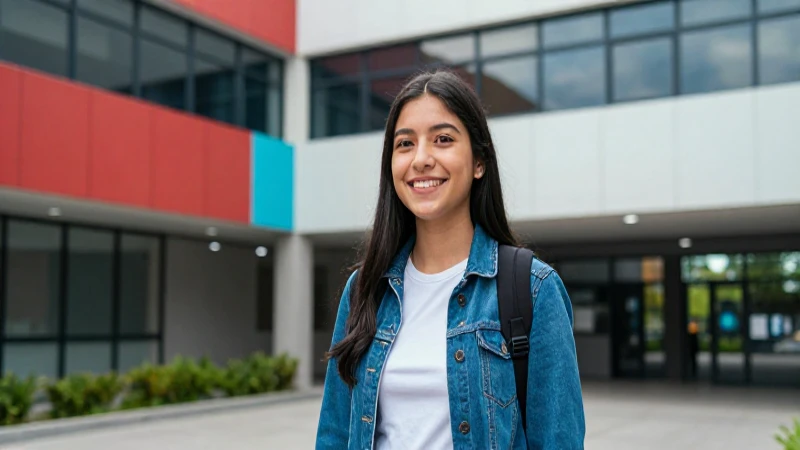 Estudiante sonríe en campus, buscando empleo